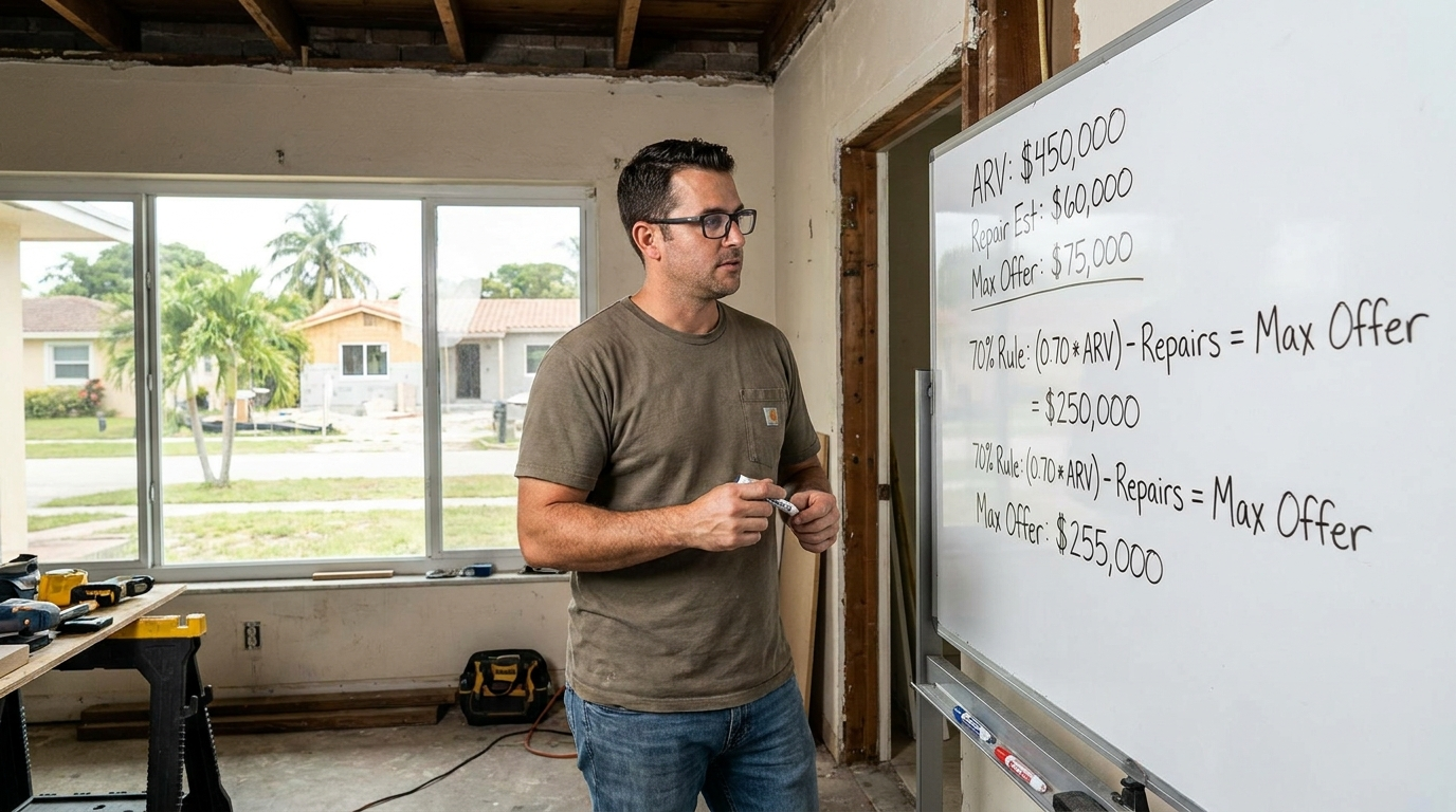 70 rule calculator formula written on a whiteboard for a South Florida fix and flip deal