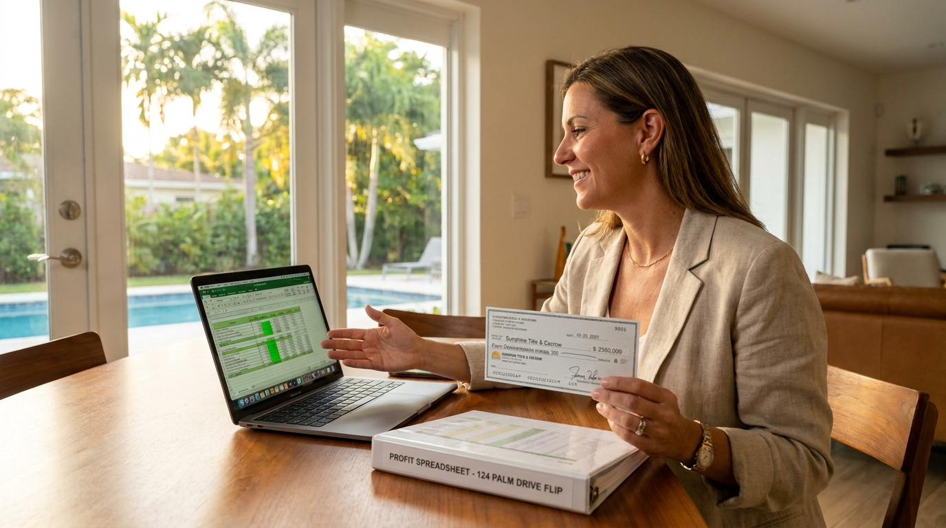 Average profit on a house flip — South Florida investor reviewing profit spreadsheet after successful flip closing