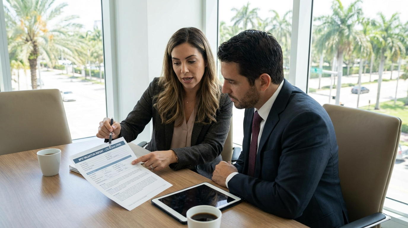 Real estate agent presenting a broker price opinion report to a South Florida lender