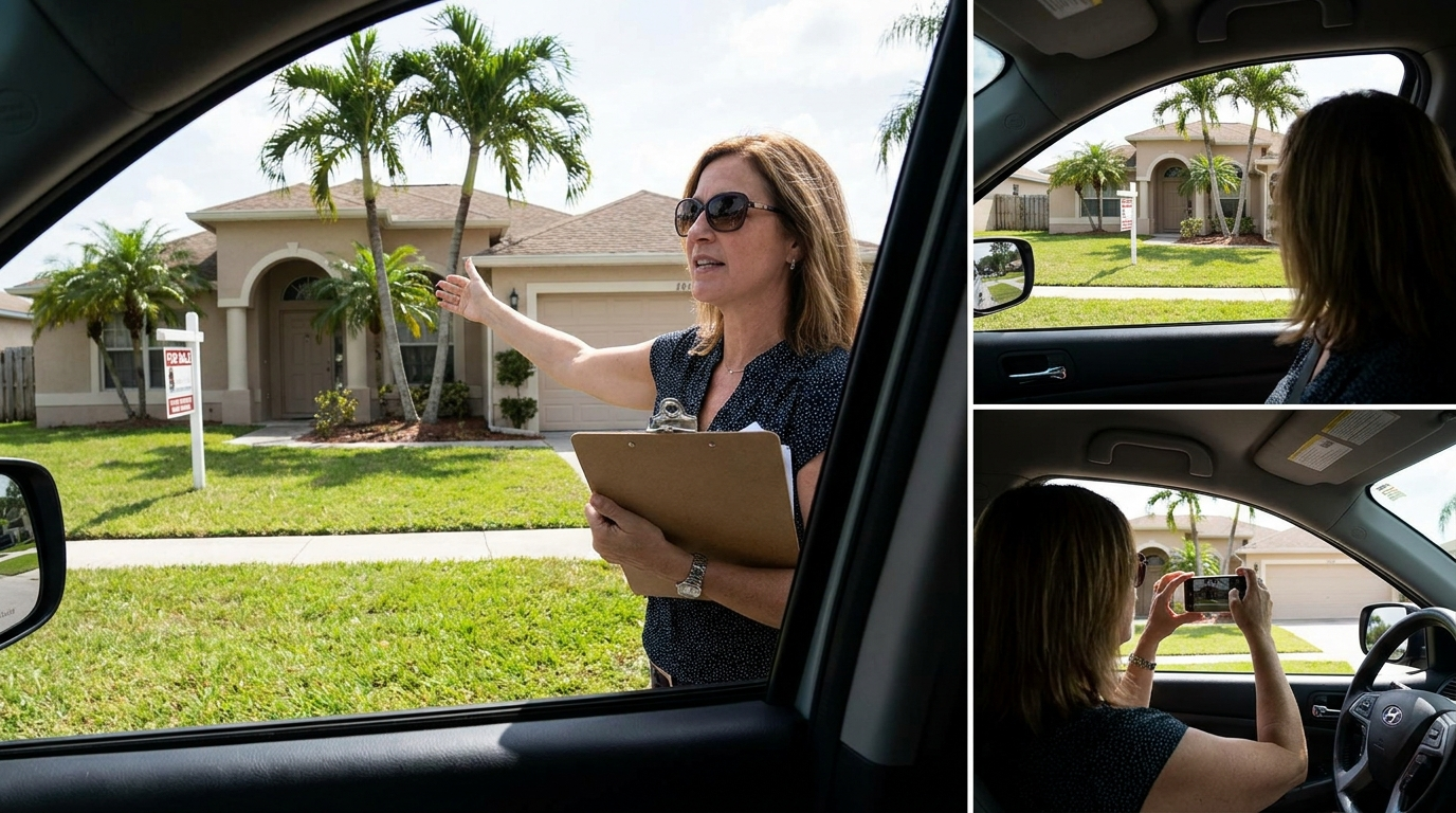 South Florida real estate agent conducting a drive-by broker price opinion on a neighborhood home