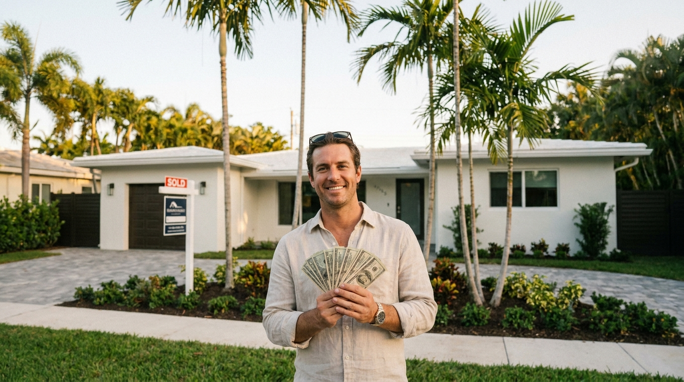 Can you make money flipping houses — South Florida investor with sold sign and cash profit