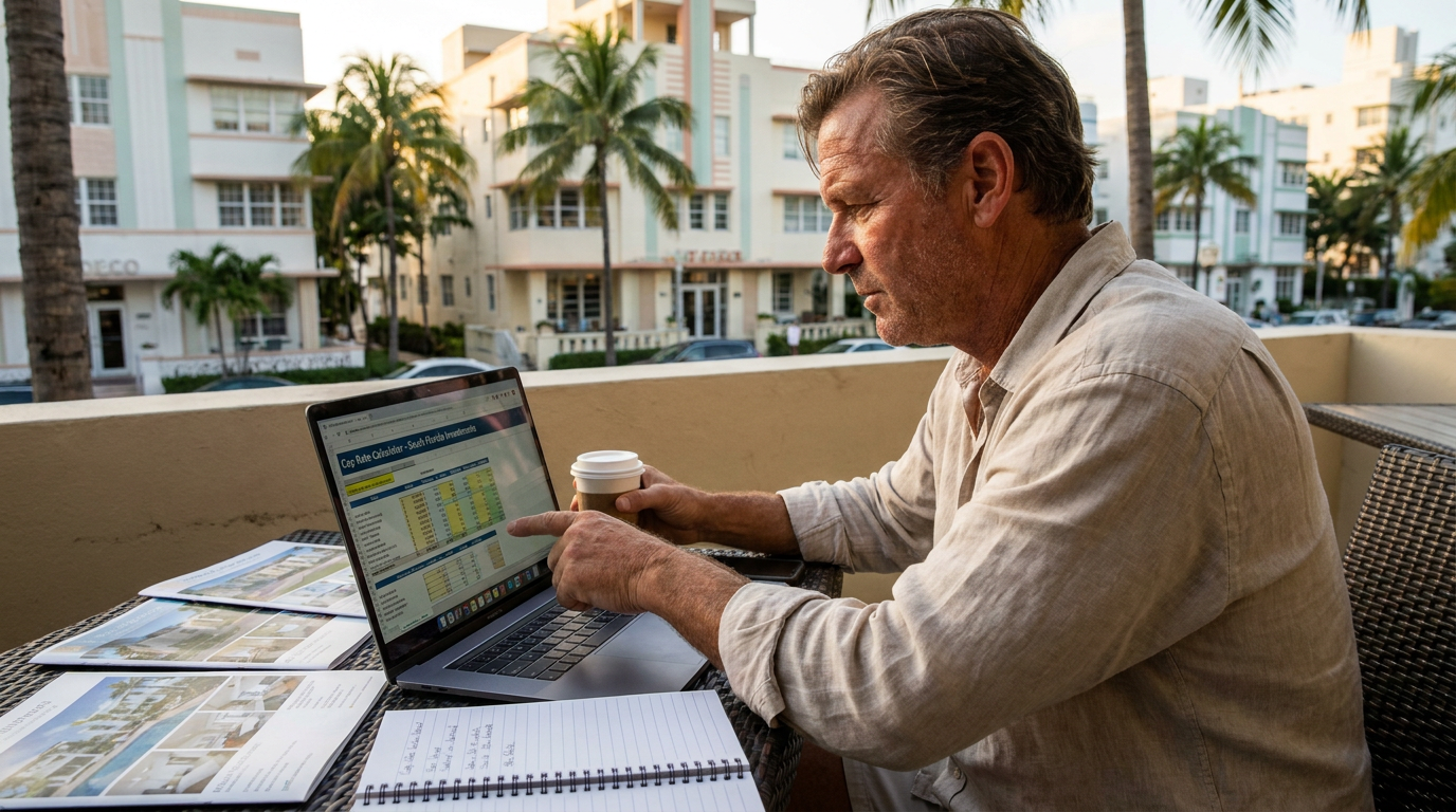 Cap rate calculator — South Florida investor using laptop to calculate cap rate and reverse cap rate on investment properties