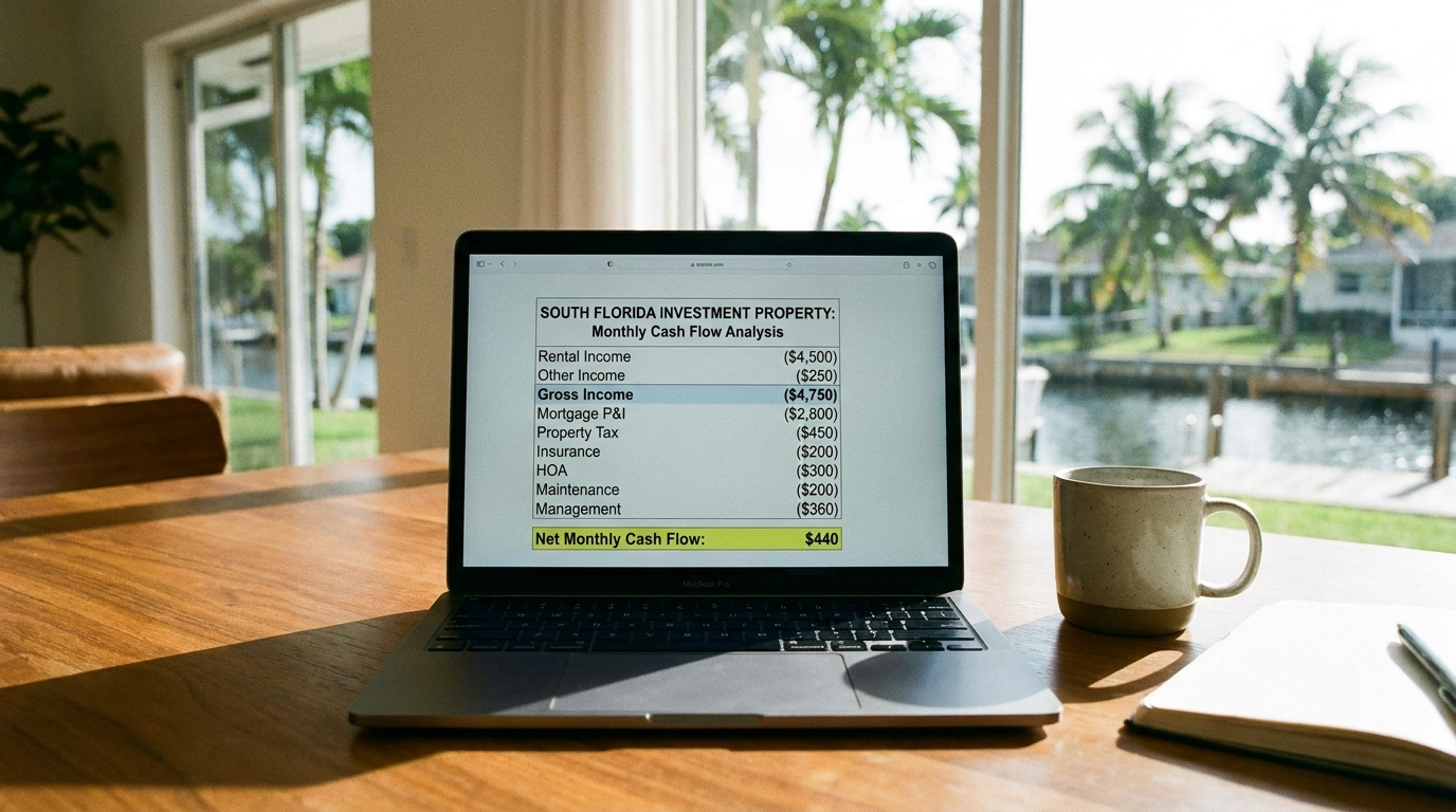 Cash flow rental property calculator on a laptop showing monthly income breakdown for a South Florida investment property