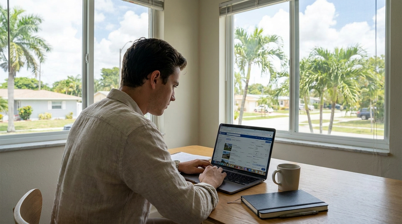 New South Florida real estate agent starting career from home with laptop, low-cost startup