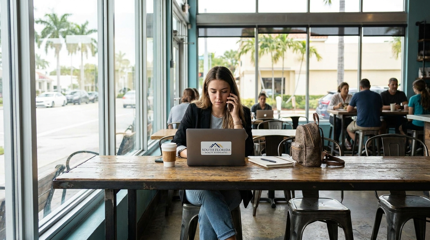 South Florida new agent working from coffee shop showing low-cost real estate career startup
