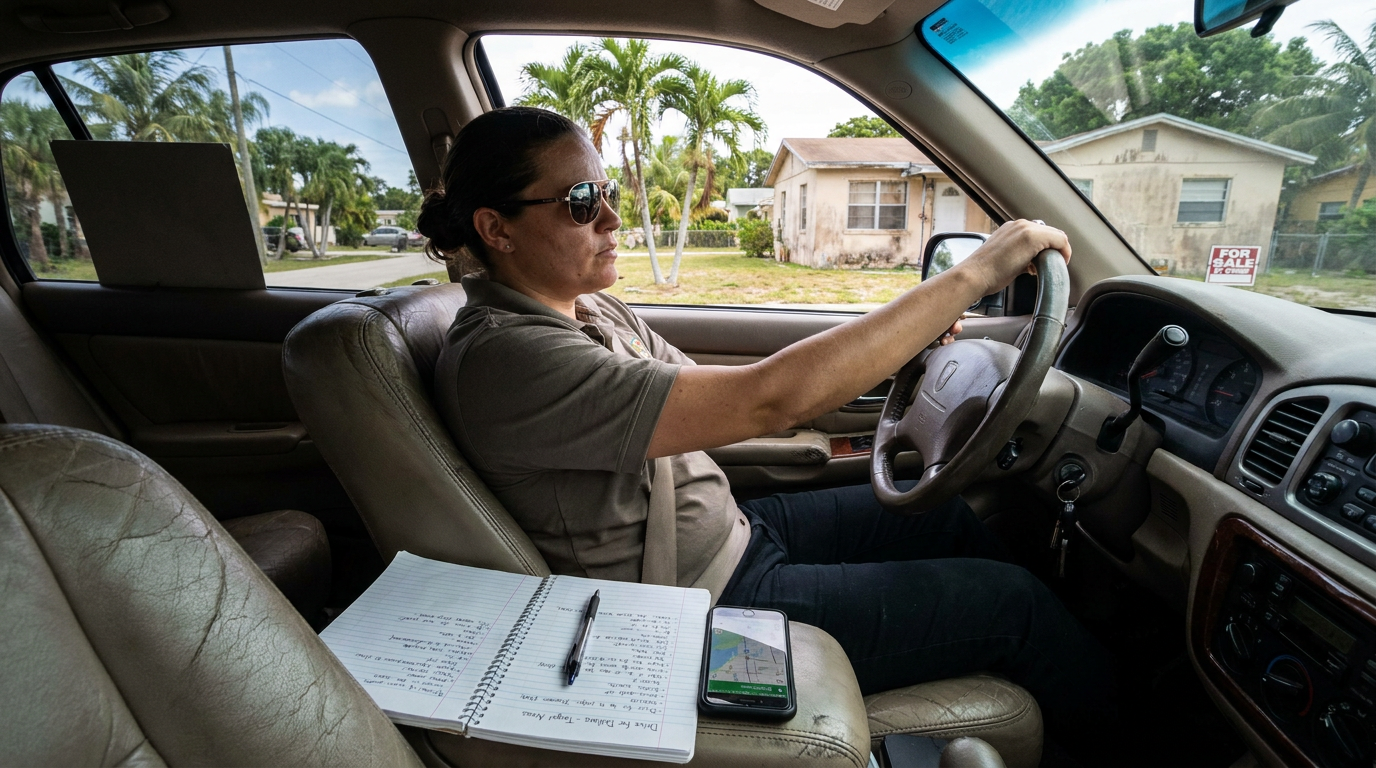 Drive for dollars real estate strategy — investor driving through South Florida neighborhood looking for distressed properties