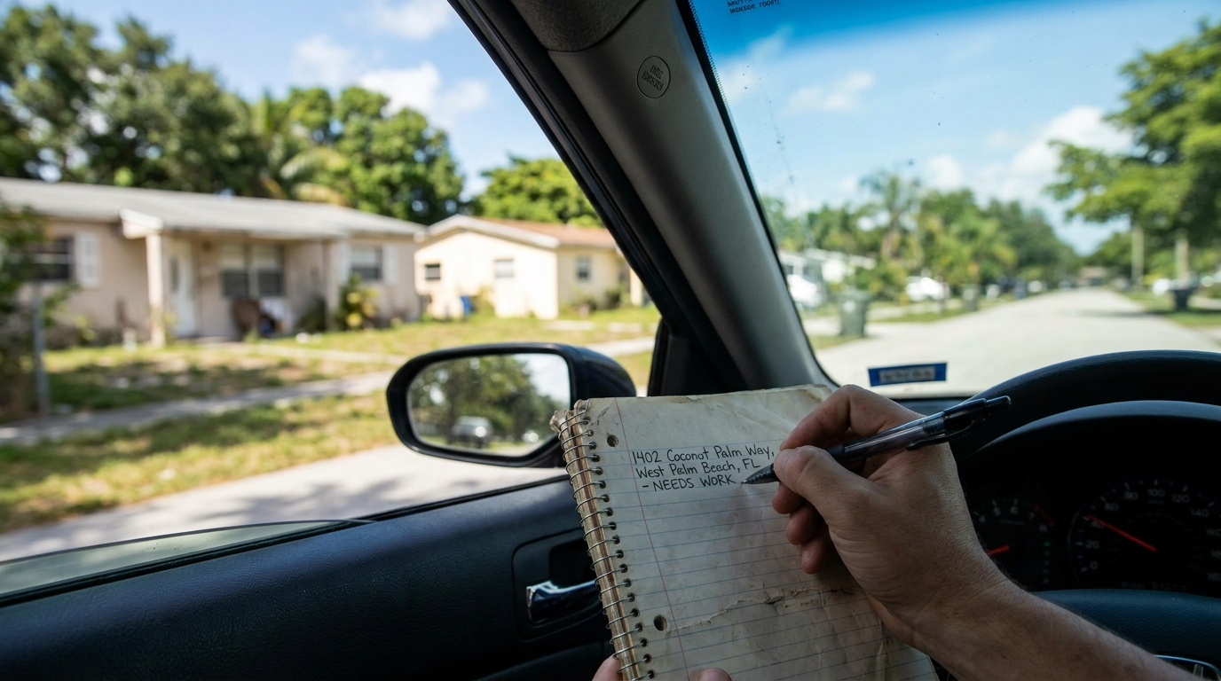 Drive for dollars real estate — noting distressed property address in Palm Beach County neighborhood