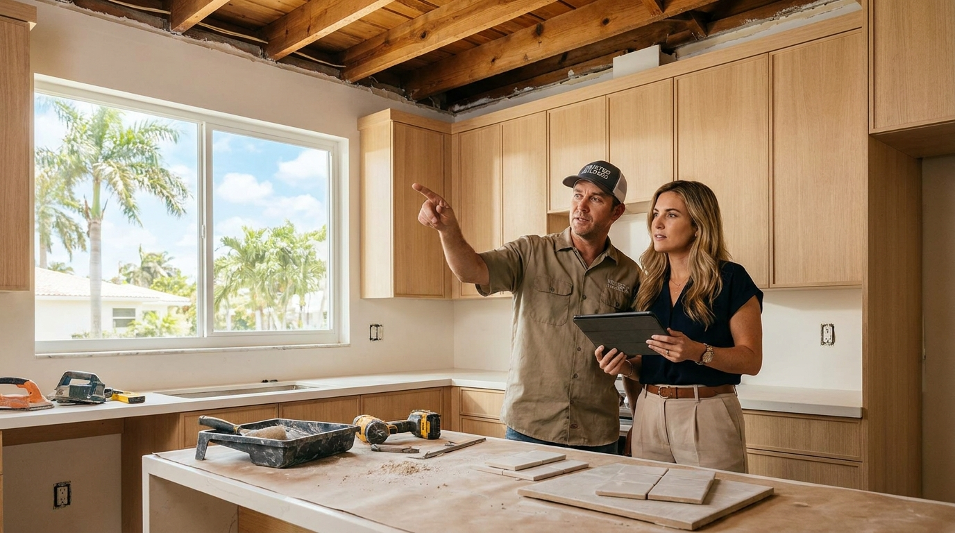 House flip contractors — reliable contractor and investor reviewing South Florida renovation project in progress