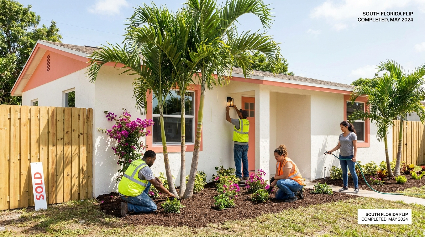 House flip contractors — completed South Florida flip with fresh exterior paint and landscaping from reliable renovation team