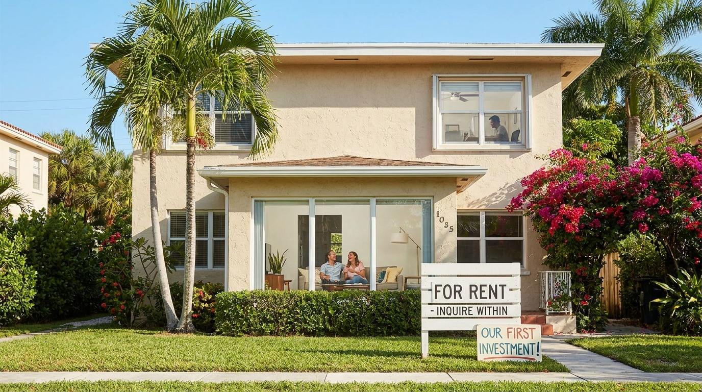 How I bought my first rental property — South Florida duplex as first investment property with For Rent sign