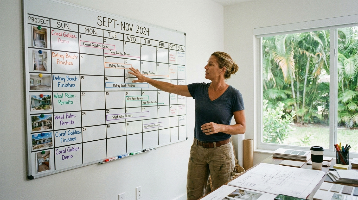 How many houses can you flip in a year — South Florida investor tracking multiple simultaneous renovation projects on whiteboard