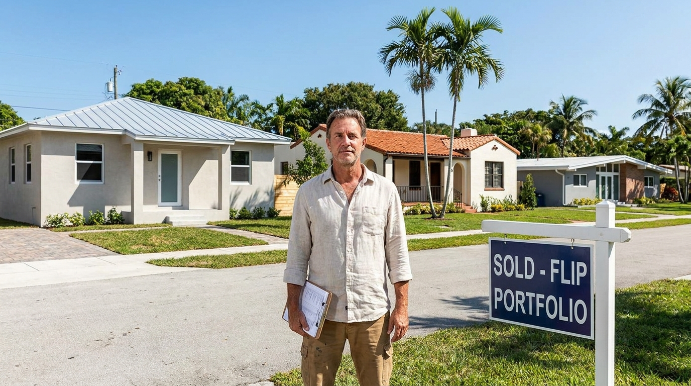 How many houses can you flip in a year — experienced South Florida flipper outside multiple completed flip properties