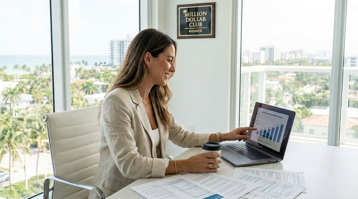 South Florida real estate agent reviewing production milestones and annual income goal achievement