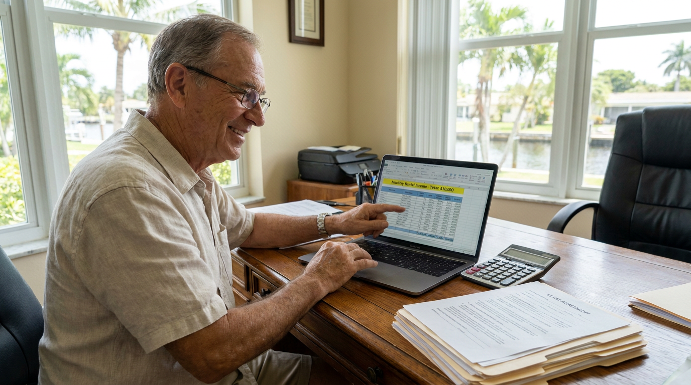 How many rental properties to make 10k a month: South Florida landlord reviewing rental income spreadsheet