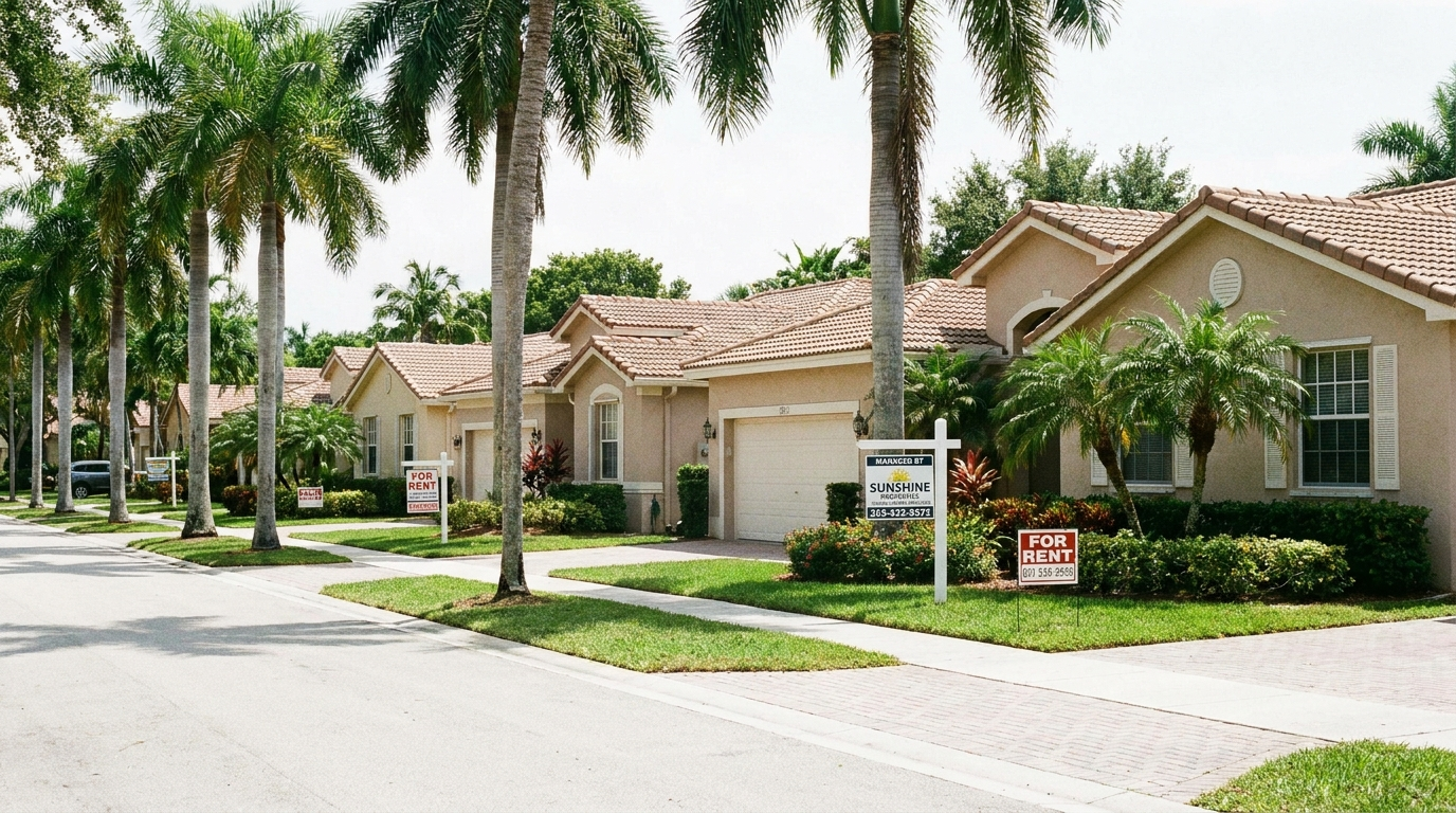 How many rental properties to make 10k a month: row of South Florida rental homes representing passive income portfolio