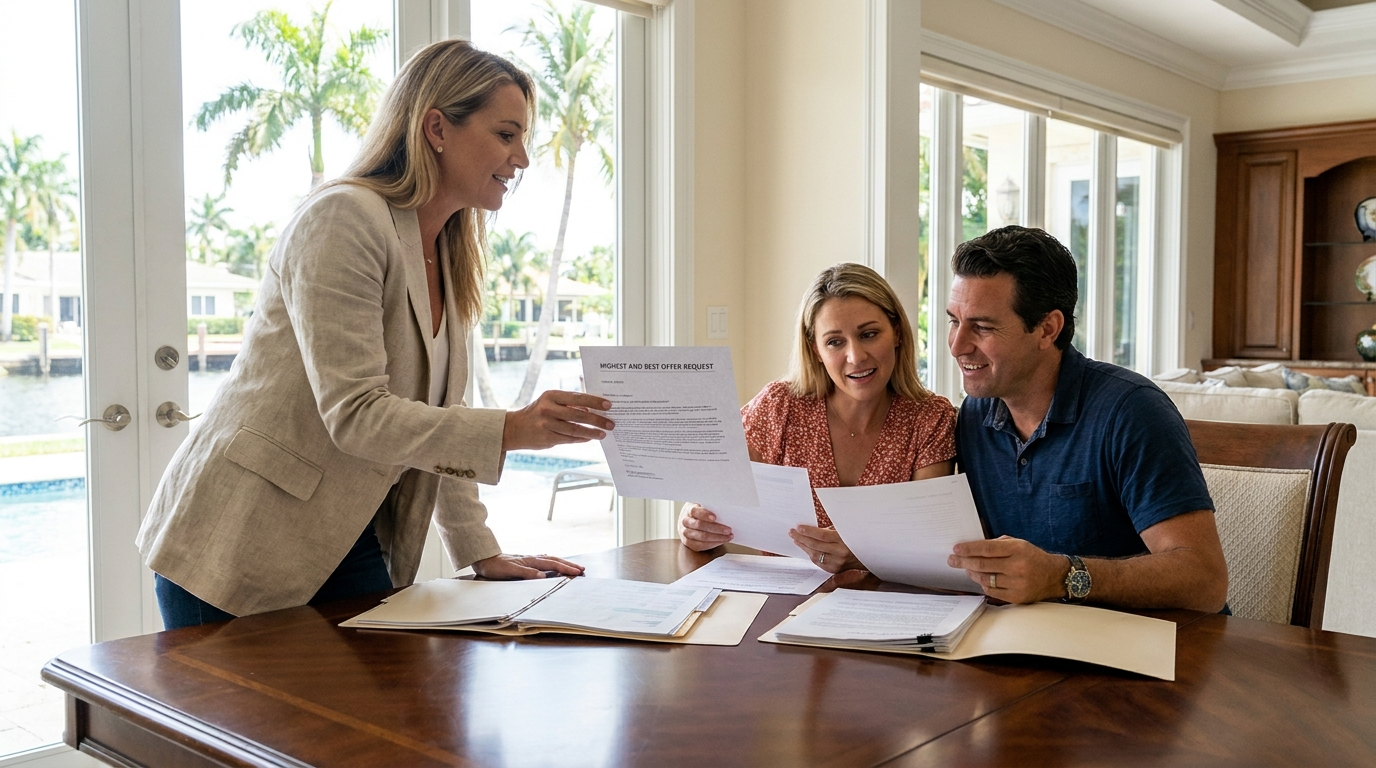How to ask for highest and best offer — South Florida seller and real estate agent reviewing multiple competing offers