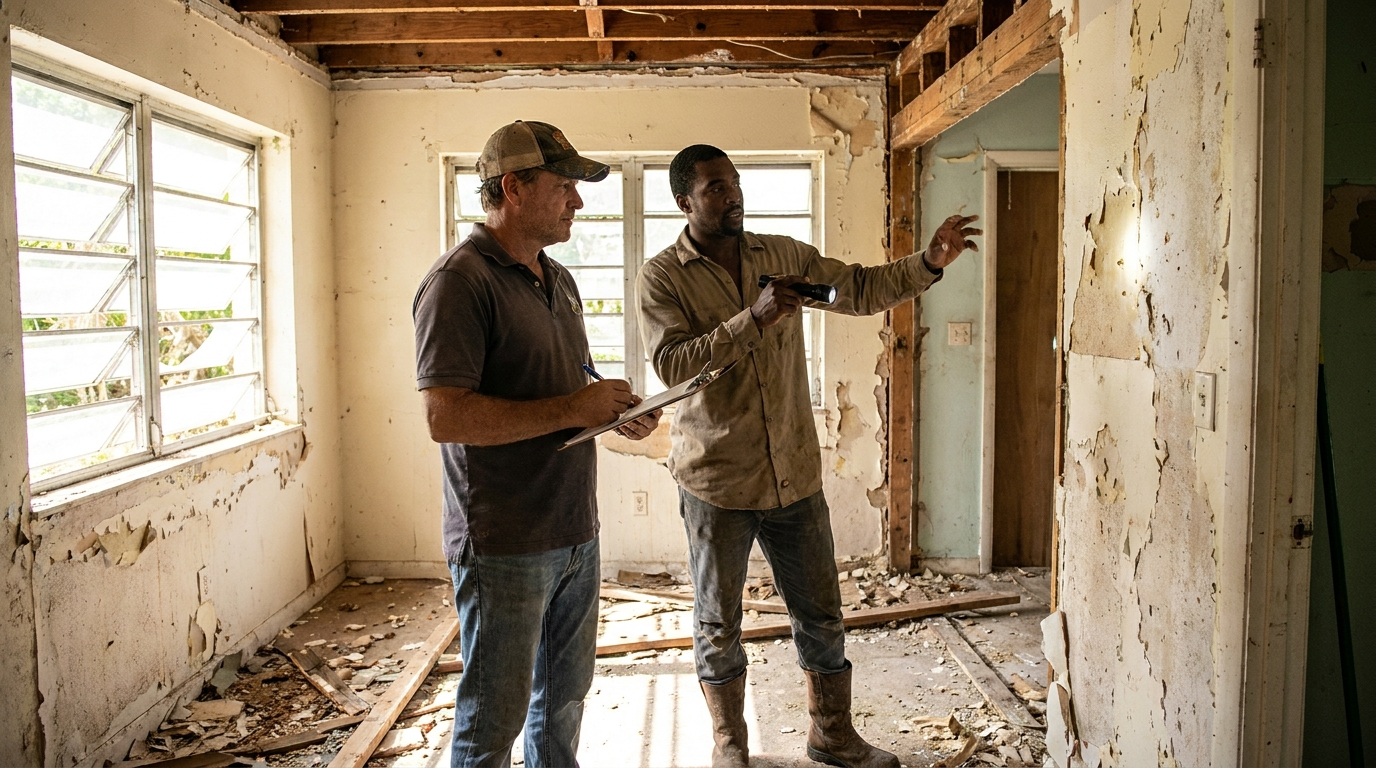 How to be a house flipper — experienced South Florida flipper walking through a distressed property with contractor