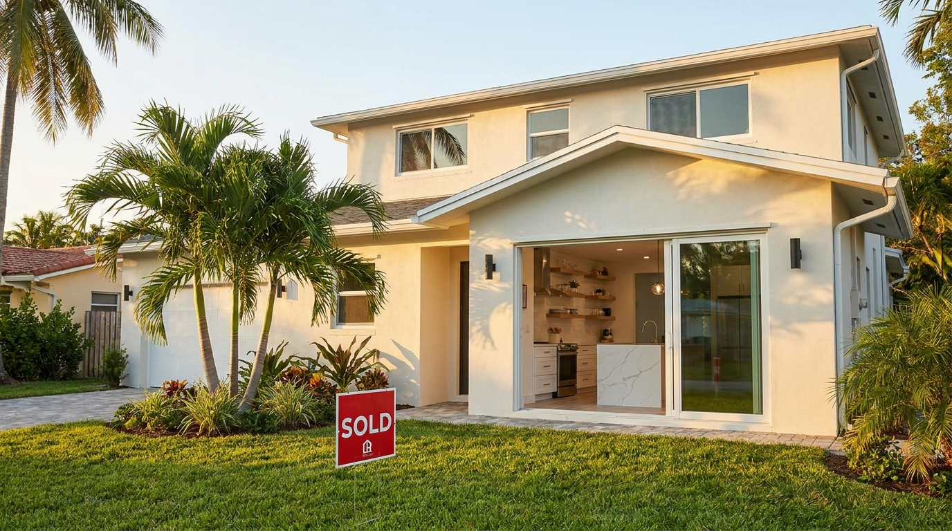 How to be a house flipper — completed South Florida house flip with sold sign and renovated exterior