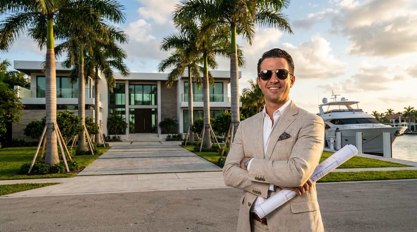 How to become a millionaire in real estate — South Florida investor standing in front of waterfront estate built through portfolio growth