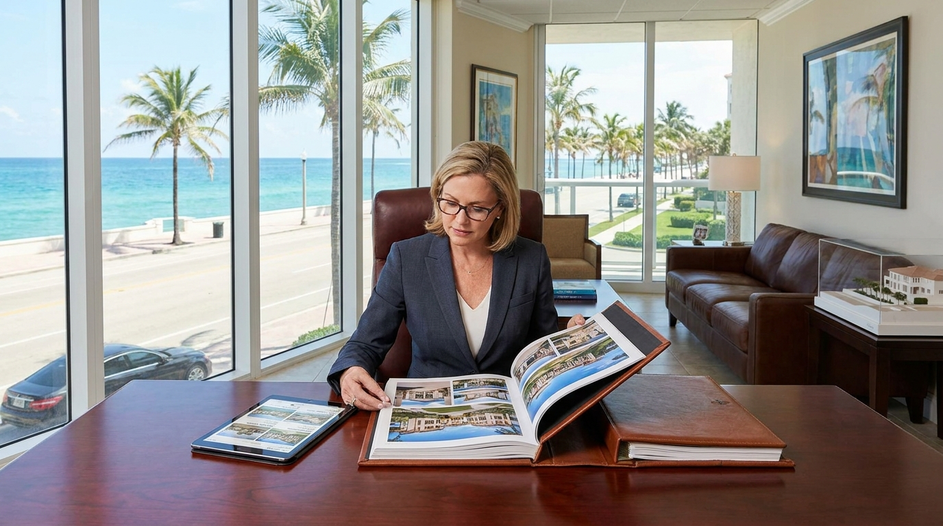 How to become a rich real estate agent — wealthy South Florida agent reviewing luxury property portfolio