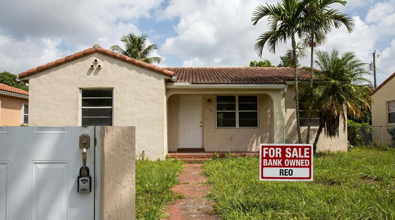 South Florida REO foreclosure home with lockbox on door for bank-owned property sale