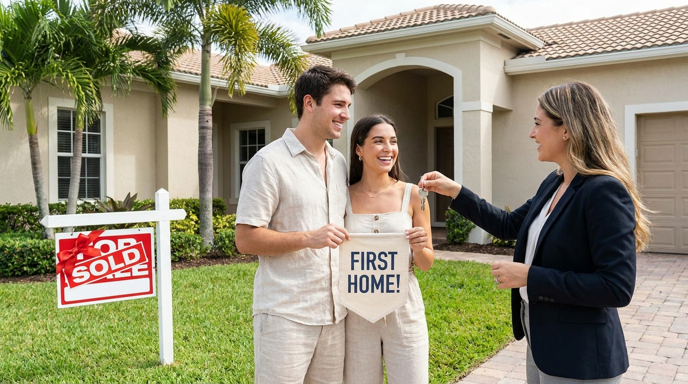 South Florida first-time homebuyer couple receiving house keys from real estate agent