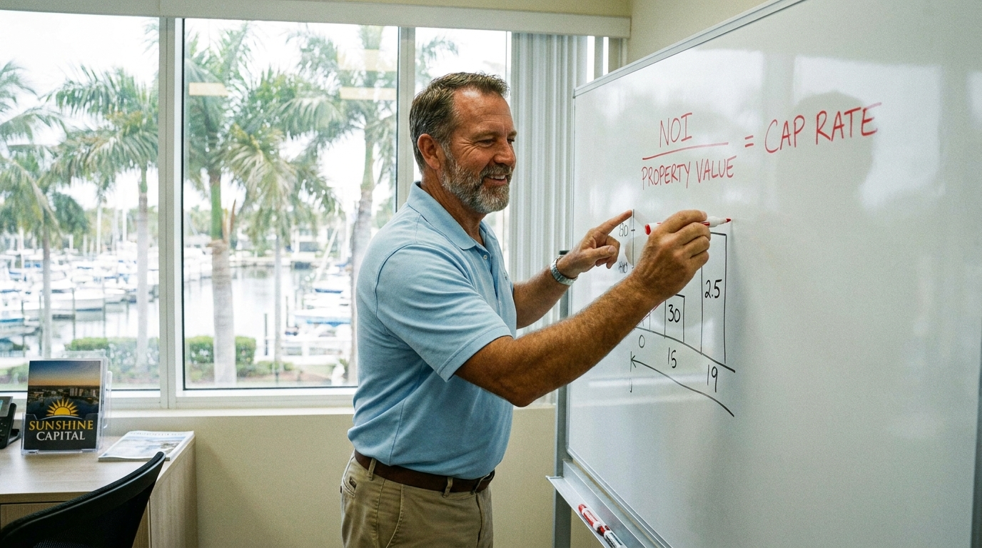 South Florida real estate investor calculating cap rate on whiteboard with NOI formula