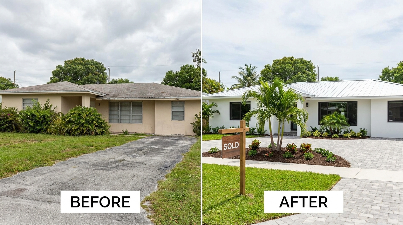 How to get started flipping houses — renovated South Florida flip house with sold sign, successful first flip