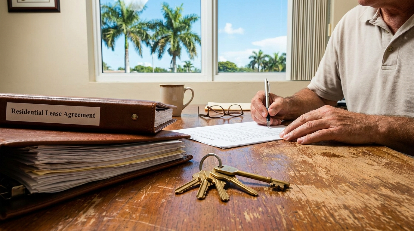 South Florida landlord reviewing lease agreement and rental property keys