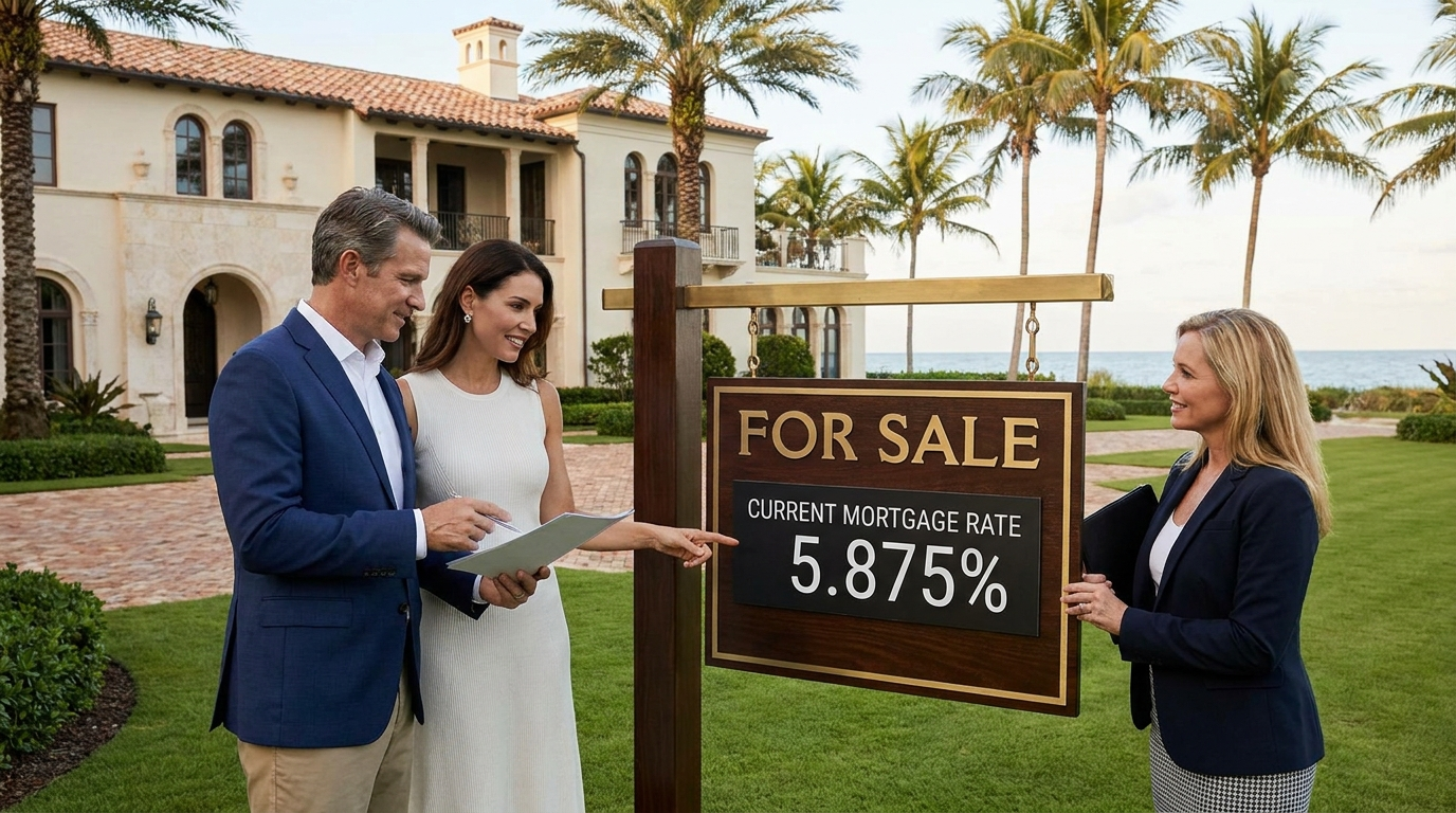 Interest rates vs house prices — South Florida For Sale sign with buyers discussing mortgage rates