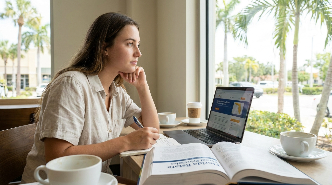 Is real estate school worth it — Florida real estate student studying online pre-license course on a laptop