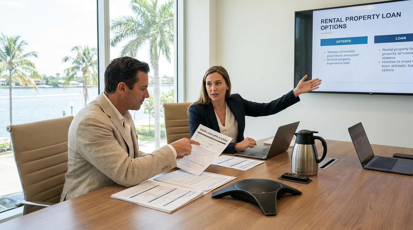 South Florida rental property investor meeting with lender to discuss DSCR loan options