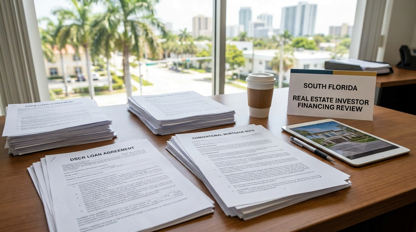 South Florida investor reviewing DSCR and conventional rental property loan documents