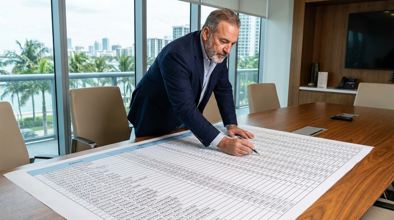 Owning 100 rental properties — investor reviewing large South Florida rental portfolio spreadsheet