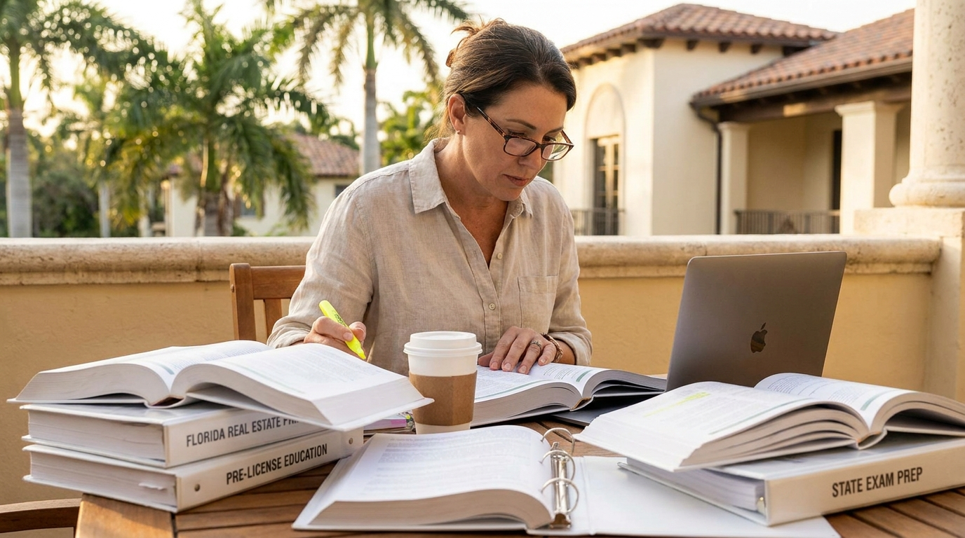 South Florida real estate agent studying for state licensing exam with pre-license education materials