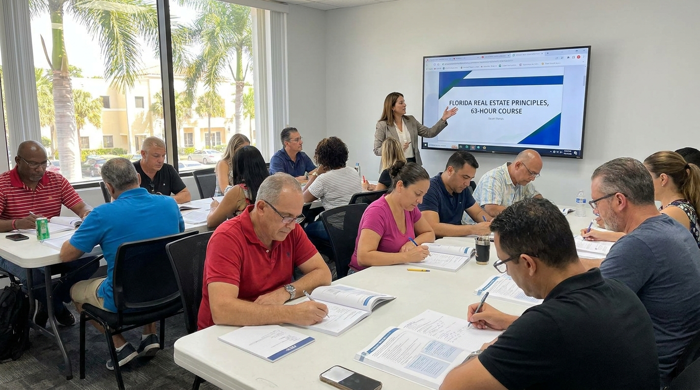 South Florida real estate licensing school classroom with students learning for state exam