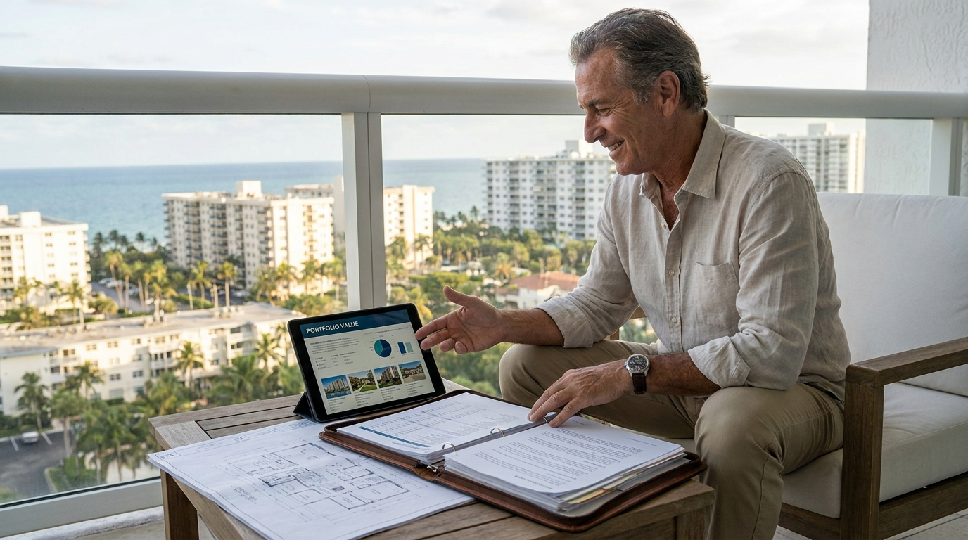 South Florida investor reviewing growing multi-property portfolio and long-term wealth accumulation