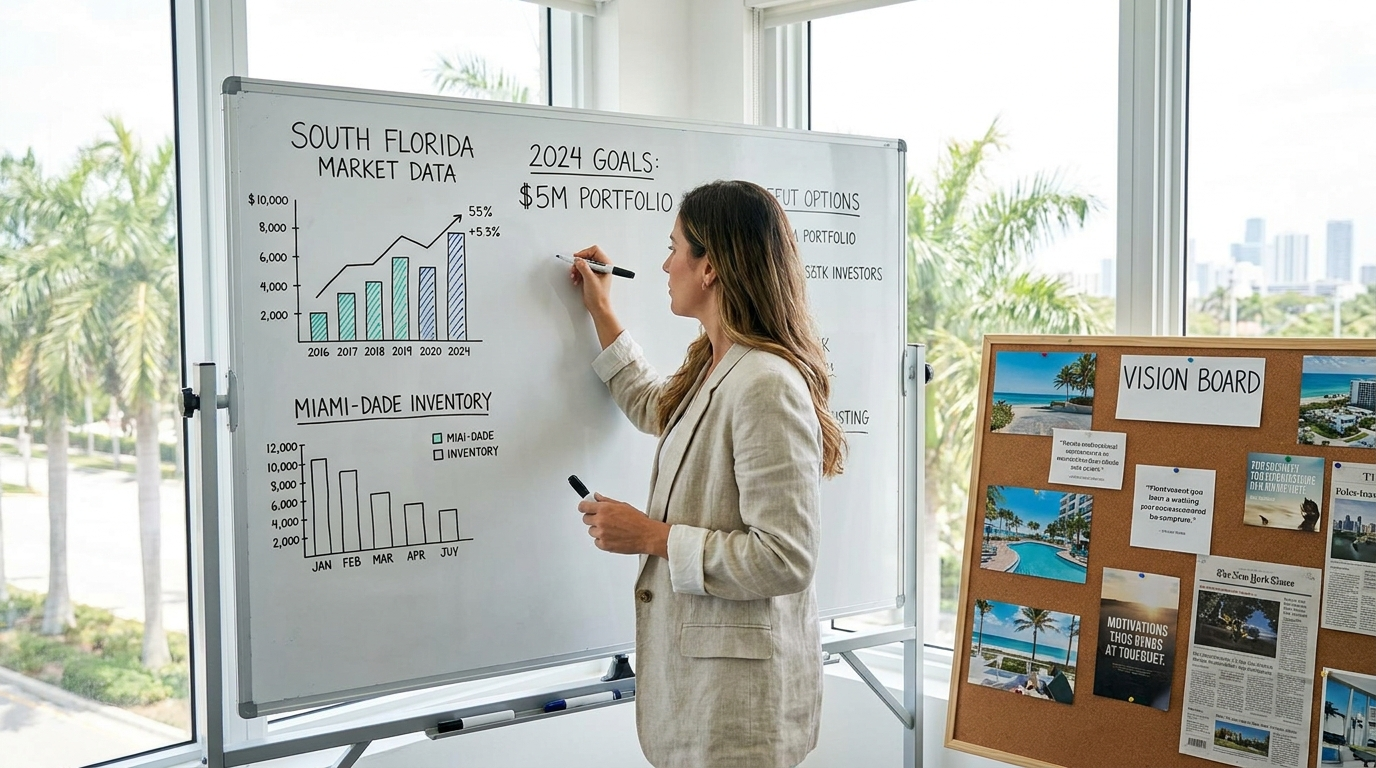 Real estate investor reviewing annual goals with South Florida market data