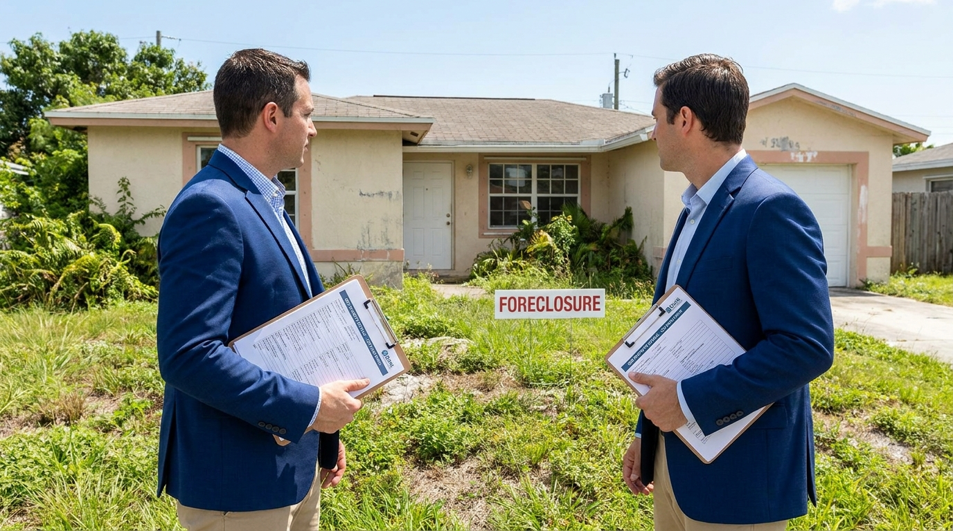 REO listing agent reviewing bank-owned foreclosure property in South Florida