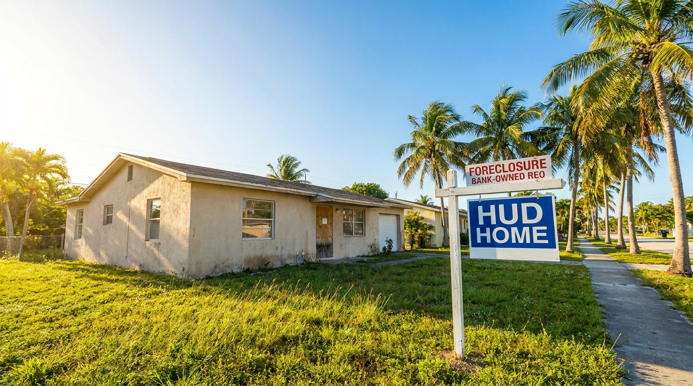 REO listing agent at a bank-owned foreclosed South Florida property with HUD sign