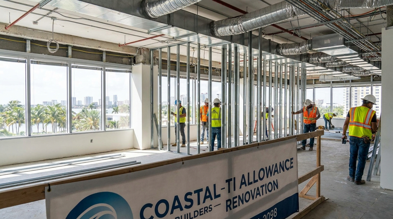 Tenant improvement construction in a South Florida commercial office space, TI build-out in progress