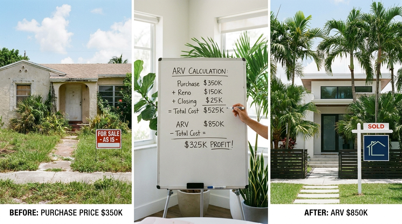 What is ARV — South Florida fix and flip property with ARV calculation on whiteboard showing before and after value