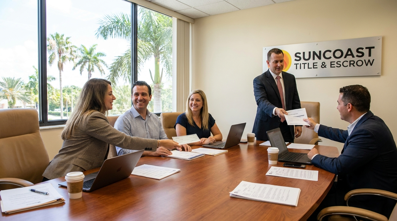 Escrow disbursement at South Florida closing table — title company releasing funds to seller and real estate agents