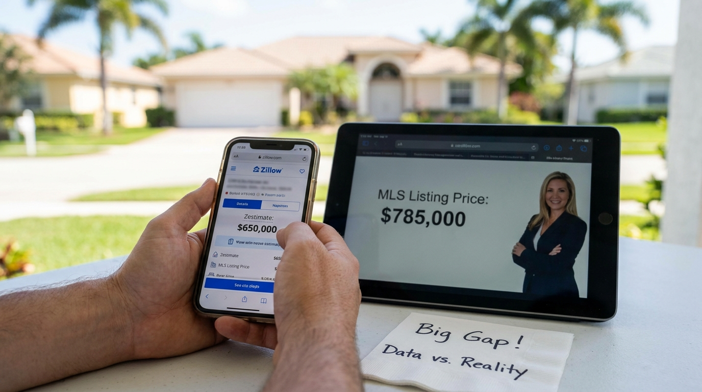 Zillow Zestimate on mobile phone versus MLS listing price in South Florida